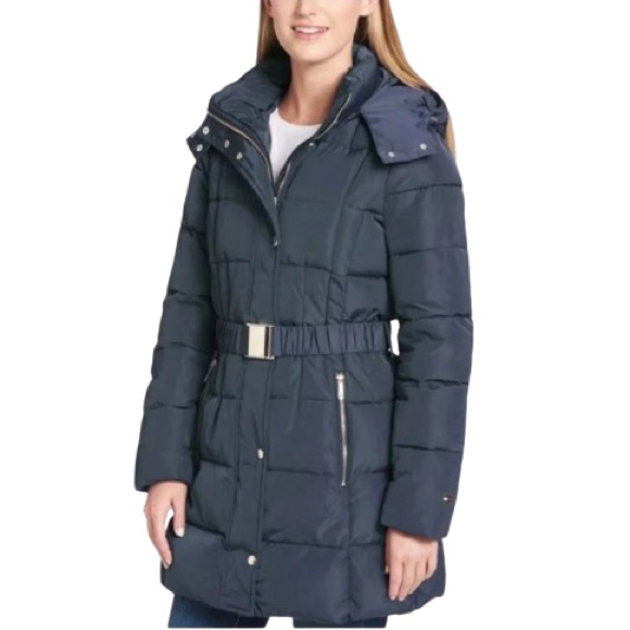 Nwot Tommy Hilfiger Women's Belted Faux-Fur Trim Hooded Puffer Coat Large 12-14